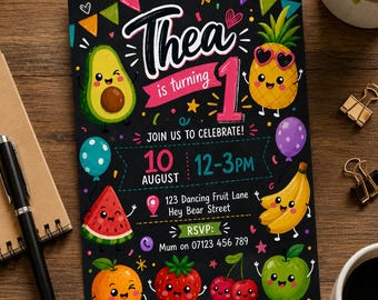Hey Bear Invitation, Hey Bear Invite, Hey Bear Sensory, Dancing Fruit Birthday Invitation, Hey Bear Birthday, Editable Canva Template
