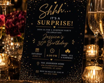 Editable Surprise Birthday Invitation, Black and Gold Glitter Birthday, Digital Invite, Adult Party Invitation Template