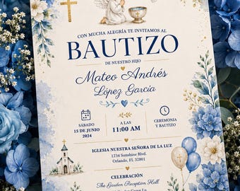 Invitación Bautizo Niño • Bautizo Azul Floral • Editable Digital Template