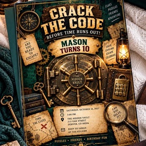 May include: A rectangular birthday invitation card titled Crack the Code featuring a central vault door graphic, a compass, a key, a magnifying glass, and a digital keypad. The text includes Mason Turns 10, Saturday, October 16, 2027, 3:00 PM, and The Hidden Vault, 215 Oak Street, Denver, CO 80206.
