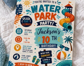 Water Park Birthday Invitation,Water Park Party Invitation,Summer Pool Party,Waterslide Birthday Party,Instant Download,Editable,Canva