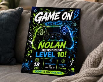 Video Game Party Invitation, Green Gamer Birthday Invitation, Level Up Birthday Invitation, Gamer Boy Template, Editable Canva Template