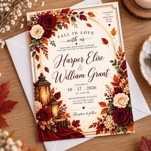 May include: A wedding invitation card featuring a cream background with a gold arch frame, decorated with deep red and cream roses, autumn leaves, and two lanterns with lit candles. The text reads: Fall in Love with us, Harper Elise & William Grant.