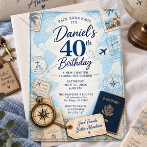 May include: A travel-themed birthday invitation card featuring a light blue world map background, navy blue text, and vintage-style graphics including a brass compass, a dark blue passport, and luggage tags with the text Good Friends Better Adventures.