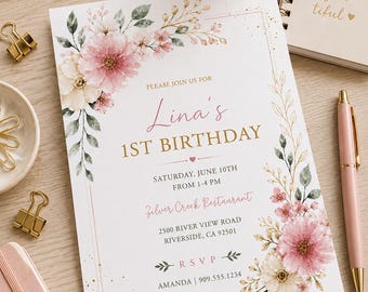 Floral First Birthday Invitation | Editable Garden Floral Invite|Printable Wildflower 1st Birthday|Girls Birthday Invitation Template