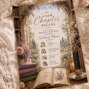 May include: A rectangular bridal shower invitation card featuring a garden archway, stacks of vintage books, and floral arrangements. The text reads A NEW CHAPTER BEGINS, honoring Victoria Marie, with event details, date, location, and registry info.
