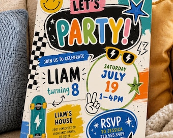 Let's Party Birthday Invitation Editable Canva Template Any Age Birthday Invite Blue Birthday Invite Boys Checkered Retro Birthday Party
