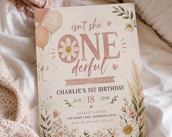Daisy Birthday Invitation, Onederful Daisy 1st Birthday Invite, 1st Birthday Girl, Boho Daisy Invitation, Isn't She Onederful Pink Daisies