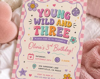 Young Wild and Three Birthday Invitation, Boho Chic Toddlers 3rd Party, Pastel Floral Celebration, Editable Canva Template, Instant Download
