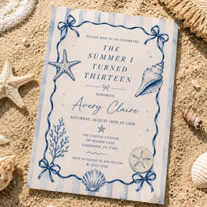 May include: A rectangular invitation card with a light blue and white striped background, featuring a dark blue ribbon border with bows, starfish, seashells, and coral illustrations. The text reads: THE SUMMER I TURNED THIRTEEN, honoring Avery Claire.