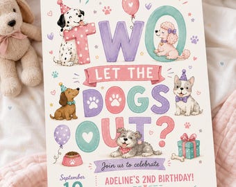 Two Let The Dogs Out Invitation, Puppy 2nd Birthday Invitation Template, Printable Puppy Dog Birthday Invite, 2nd Birthday Party Evite B969