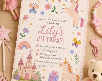 Unicorn Birthday Invitation Girl, Editable Canva Template, Printable Pink Party Invite, Instant Download