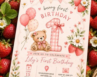 Berry First Birthday Invitation Strawberry First Birthday Invitation Printable 1st Birthday Invite Girl Strawberry Birthday Pink Gingham