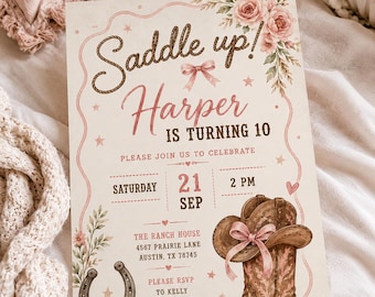 Cowgirl Birthday Invitation: Pink Rodeo Party, Western Theme (5x7 Canva Template, Digital Download)