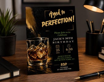 Editable Aged To Perfection Birthday Invitation, Whiskey Bourbon Party Invite, Men's Milestone 30th 40th 50th, Neon Gold Digital Canva