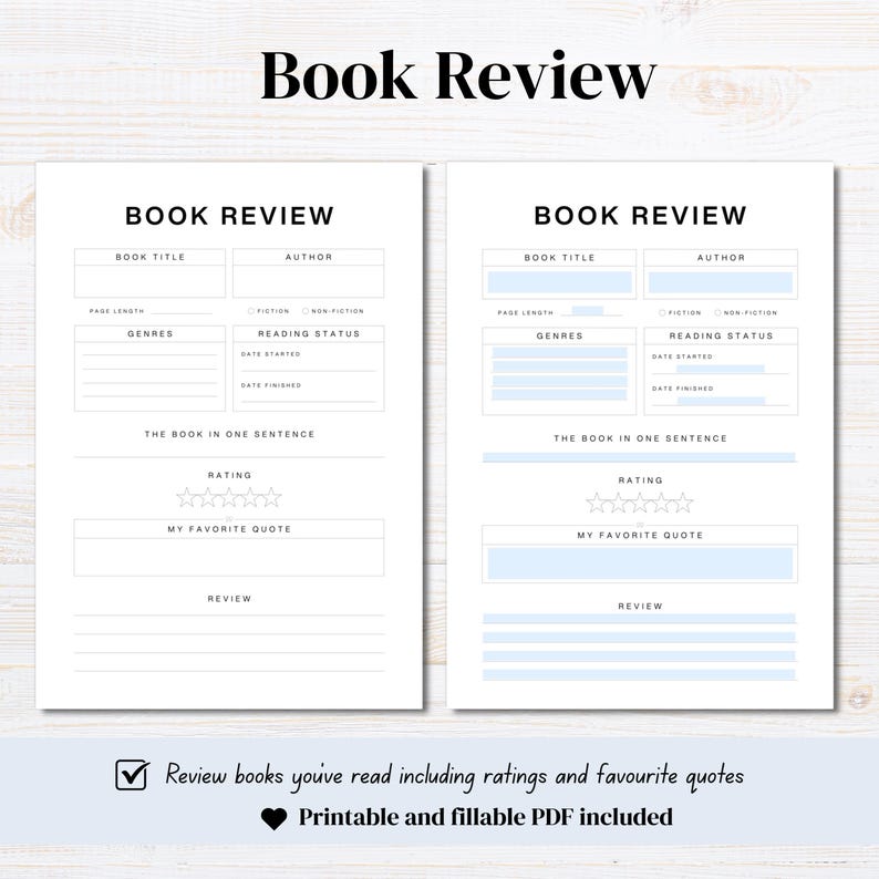 Book Review Printable & Fillable PDF | Reading Journal Tracker (digital ...