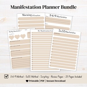May include: A bundle of printable manifestation planner pages in beige and white. The pages include sections for morning affirmations, monthly manifestation, and a 5x55 method. Text on the pages includes "Manifestation Planner Bundle" and "Printable | PDF | Instant Download."