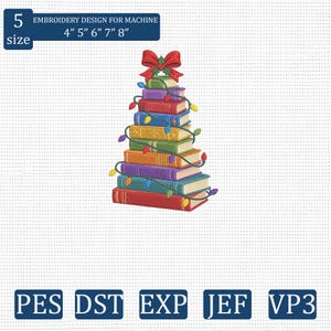 May include: An embroidery design for machine featuring a stack of books arranged in a tree shape, topped with a red bow and wrapped in colorful string lights. The text reads 5 size EMBROIDERY DESIGN FOR MACHINE 4" 5" 6" 7" 8" and PES DST EXP JEF VP3.