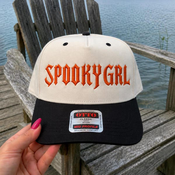 Spooky GRL Embroidery Design, Gothic Halloween Text Machine Embroidery File, Orange Spooky Hat Digital Download