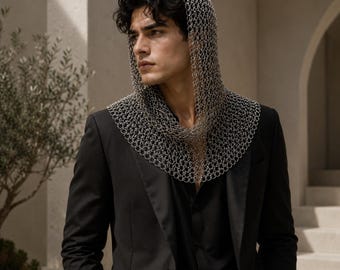 Chainmail kap zilveren metalen zendspoel festival rave outfit statement hood gotische mode