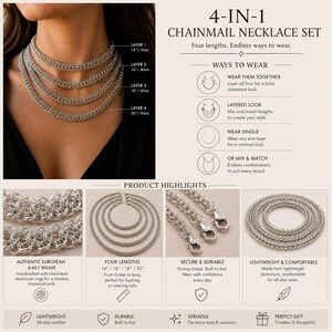 Peut inclure: Un ensemble de quatre colliers en cotte de mailles avec des longueurs de 35, 40, 45 et 50 cm. Les colliers sont compos&eacute;s d'anneaux en aluminium entrelac&eacute;s, &eacute;quip&eacute;s de fermoirs s&eacute;curis&eacute;s, et peuvent &ecirc;tre port&eacute;s superpos&eacute;s ou s&eacute;par&eacute;ment.