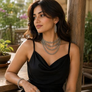 Peut inclure: Un ensemble de bijoux argent&eacute;s compos&eacute; d'un collier &agrave; cha&icirc;nes superpos&eacute;es, de boucles d'oreilles pendantes assorties et d'un bracelet &agrave; maillons. Chaque pi&egrave;ce pr&eacute;sente un motif de maillons entrelac&eacute;s avec une finition m&eacute;tallique polie.