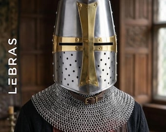 Templar Crusader Helmet | Wearable Steel Armor | Brass Cross | Medieval Decor | Lebras