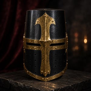 May include: A black great helm featuring a prominent gold-coloured cross overlay with a hammered texture. The helmet includes a horizontal eye slit, a series of small ventilation holes on the lower front, and gold-coloured rivets along the edges.