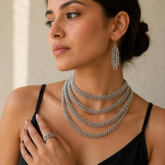 Layered Chainmail Necklace Set Silver Statement Choker Multi Strand Metal Collar Handmade Jewelry