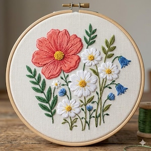 May include: A circular wooden embroidery hoop containing a piece of off-white fabric with a hand-stitched floral design. The embroidery features a large coral-pink flower, several white daisies with yellow centers, and small blue bell-shaped flowers.