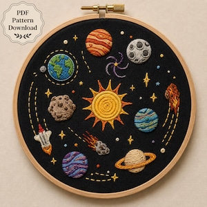 Padrão de bordado à mão do Sistema Solar, com planetas e Sol, para fazer você mesmo um kit de bordado em bastidor com tema de foguete espacial e lua (PDF para download digital).
