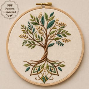 May include: A circular wooden embroidery hoop containing a fabric panel with a hand-stitched tree design. The tree features a twisted brown trunk, branches with green and teal leaves, and yellow accents. The text PDF Pattern Download is visible.