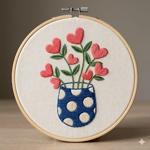 Heart Flowers in Vase Hand Embroidery Pattern, Valentine Heart Bouquet Design for Beginner, DIY Love Wall Art Gift
