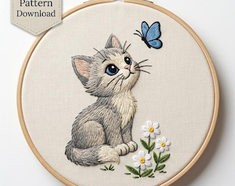 Kitten Hand Embroidery Pattern / Instant Download Tutorial / Cat and Butterfly Design / Cute Fluffy Animal Hoop Art Decor Gift