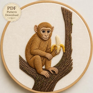 Apabroderimönster PDF, Handbroderidesign för djur, Djungelbroderi för nybörjare, Hoop Art, Direktnedladdning