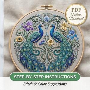 May include: An embroidery hoop containing a fabric panel with a detailed needlepoint design of two peacocks facing each other, surrounded by floral motifs in blue, purple, and gold. Text reads: PDF Pattern Download and STEP-BY-STEP INSTRUCTIONS.
