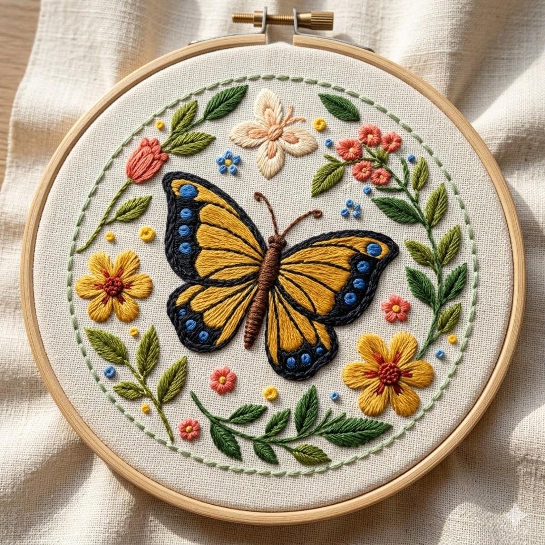 Butterfly and Floral Wreath Hand Embroidery Pattern, Summer Botanical ...