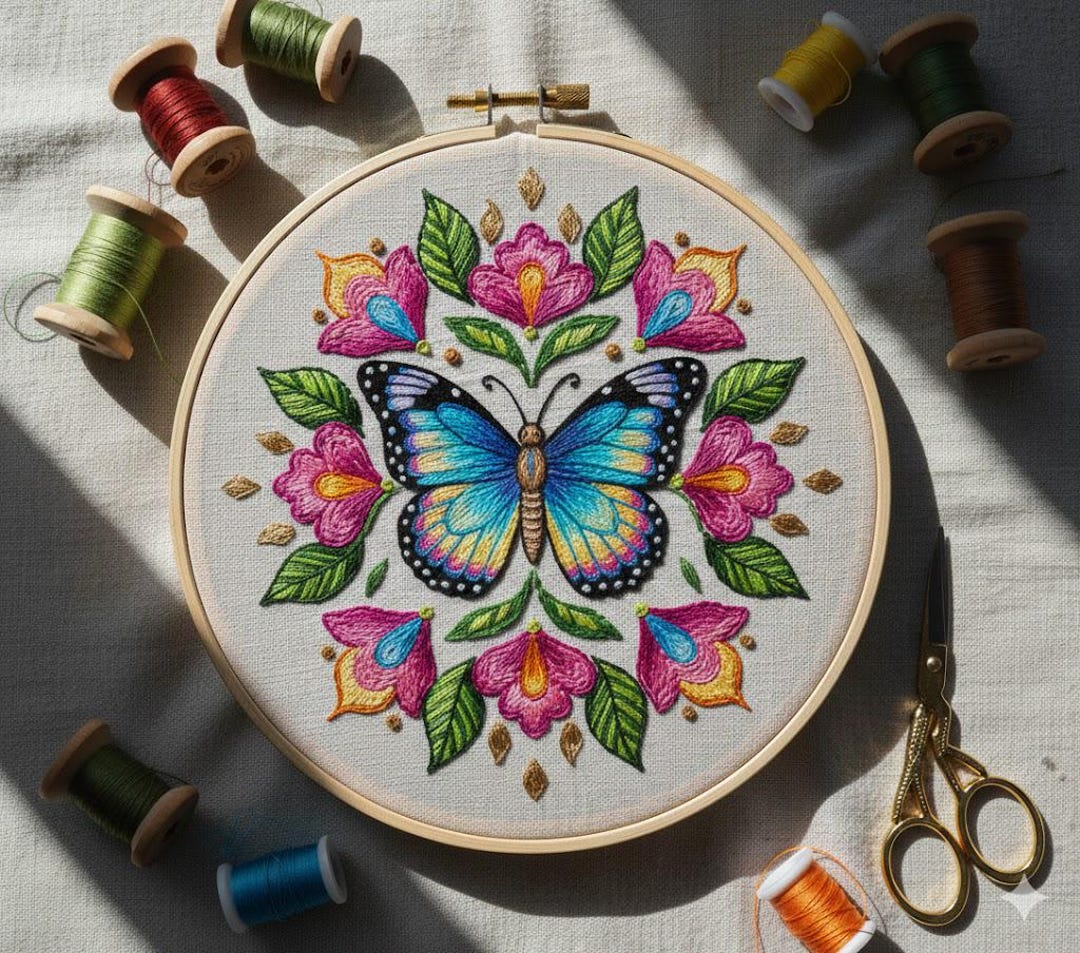 Floral Butterfly Hand Embroidery Pattern, Flowers With Butterfly ...