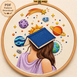 Handstickmuster „Cosmic Mind Book Lover“, Design „Himmlisches Galaxienmädchen“, DIY-Stickrahmen-Stickerei mit Planeten und Sternen (PDF-Download)
