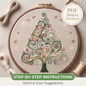 May include: An embroidery hoop containing a beige fabric with a stitched Christmas tree design featuring green swirls, colorful floral accents, and gold stars. The text PDF Pattern Download and Step-by-Step Instructions are visible.
