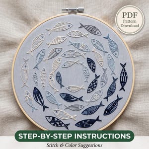 May include: A circular wooden embroidery hoop containing light gray fabric with a school of fish embroidered in various shades of blue, white, and dark navy. The fish are arranged in a circular pattern. Text reads PDF Pattern Download.