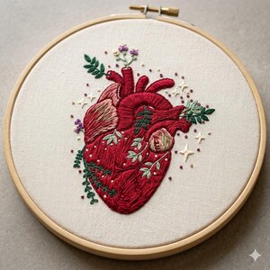 May include: An embroidered anatomical heart design in a wooden hoop. The heart is a deep red color, with detailed stitching and floral accents in green, pink, and purple. The background is a cream-colored fabric.