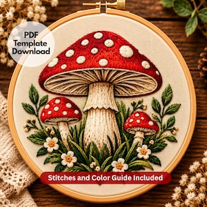 Peut inclure: Un tambour à broder contenant un panneau en tissu avec un motif brodé de trois champignons rouges à pois blancs, des feuilles vertes et de petites fleurs blanches. Le texte PDF Template Download et Stitches and Color Guide Included est visible.