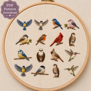Handborduurpatroon met vogels, ontwerp voor een vogelaar in de achtertuin, doe-het-zelf botanisch natuur bos borduurring PDF digitale download