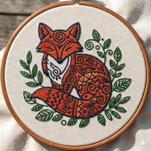 May include: A circular wooden embroidery hoop containing a piece of off-white fabric. The fabric features a hand-stitched design of a fox in shades of orange, black, and yellow, surrounded by green embroidered leaves and swirling vine patterns.