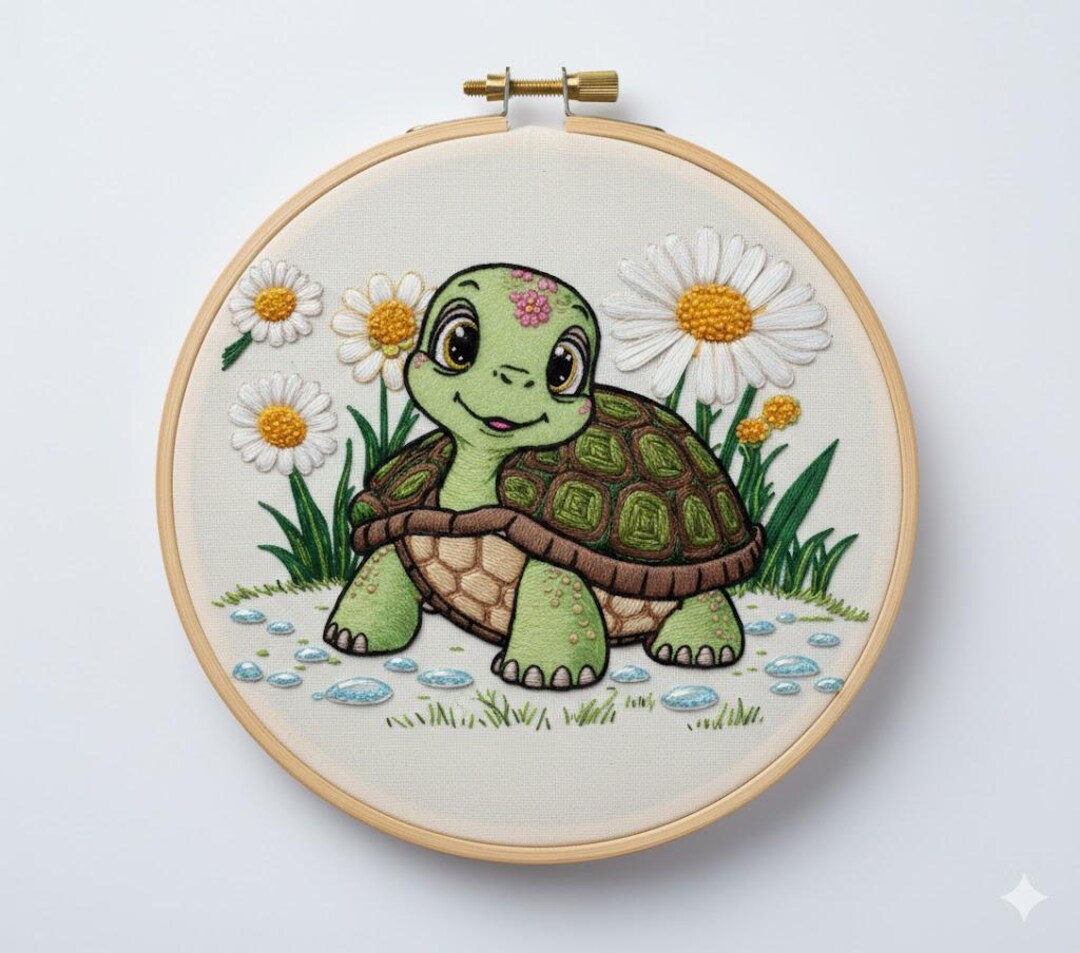 Embroidered Turtle Simple Floral Turtle Hand Embroidery Pattern, Cute Turtle Embroidery PDF ...