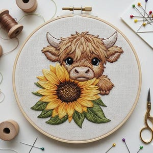 May include: Embroidered artwork featuring a Highland cow with a sunflower. The cow has brown fur, large eyes, and small horns. The sunflower is yellow with a brown center and green leaves. The embroidery is set in a wooden hoop.