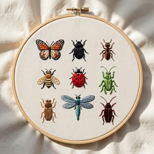 Può includere: Ricamo su tessuto color crema, teso in un cerchio di legno. Il disegno presenta nove insetti colorati: una farfalla, uno scarabeo nero, una formica, un'ape, una coccinella, un insetto verde, uno scarabeo marrone, una libellula e un insetto marrone scuro.