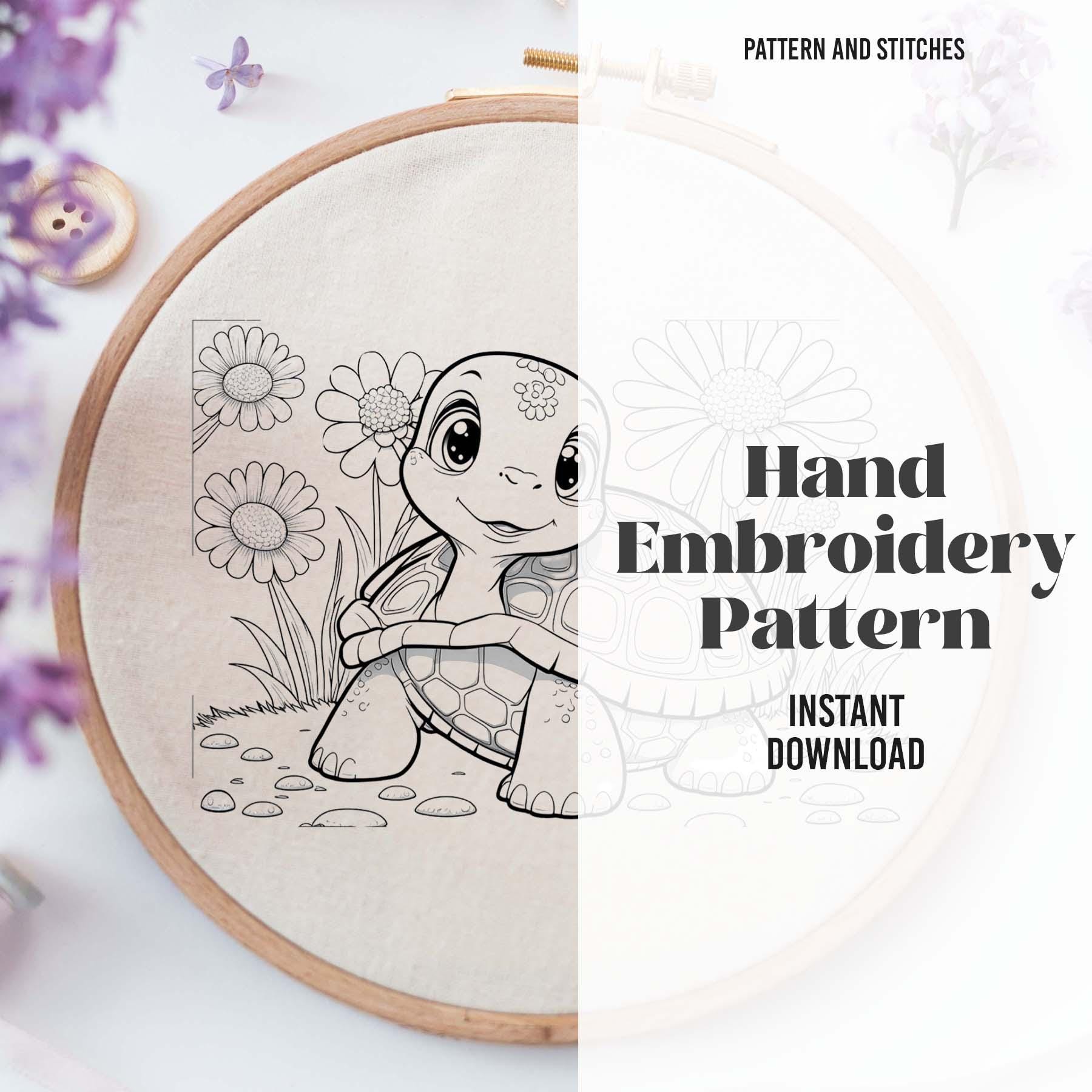 Embroidered Turtle Simple Floral Turtle Hand Embroidery Pattern, Cute Turtle Embroidery PDF ...