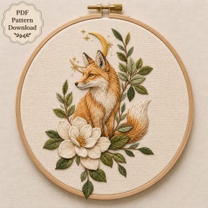 Celestial Fox Hand Embroidery Pattern, Realistic Woodland Wildlife Design, DIY Crescent Moon & Magnolia Flower Hoop Art PDF Download